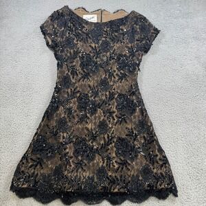 Scaasi Boutique Black Lace Beaded Floral Short Sleeve Cocktail Dress‎ Size 8